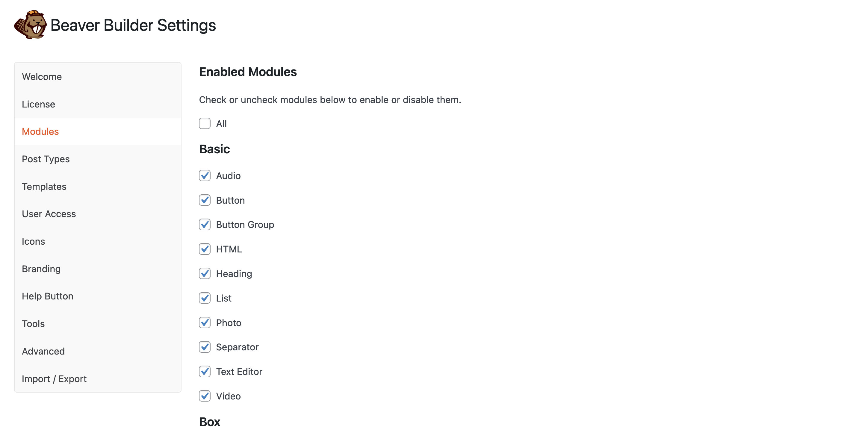 Access the Beaver Builder setting's modules tab