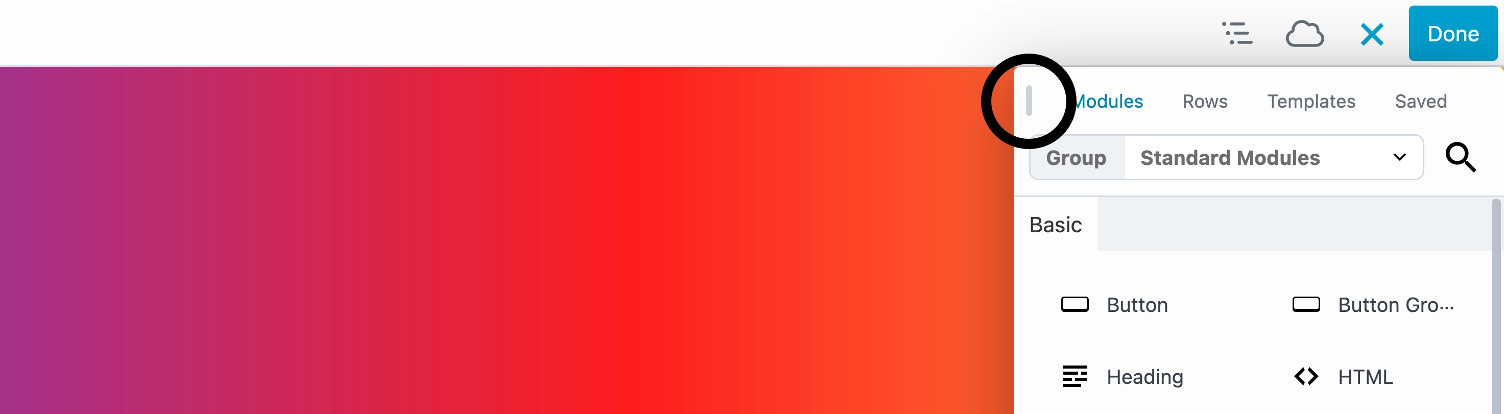 Drag handle for pinning the Content panel